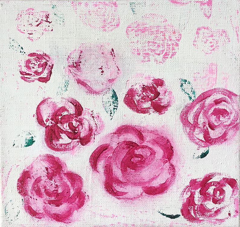 Annette Nichols, Pink Roses, 2022, acrylic on linen, 8 x 8 inches